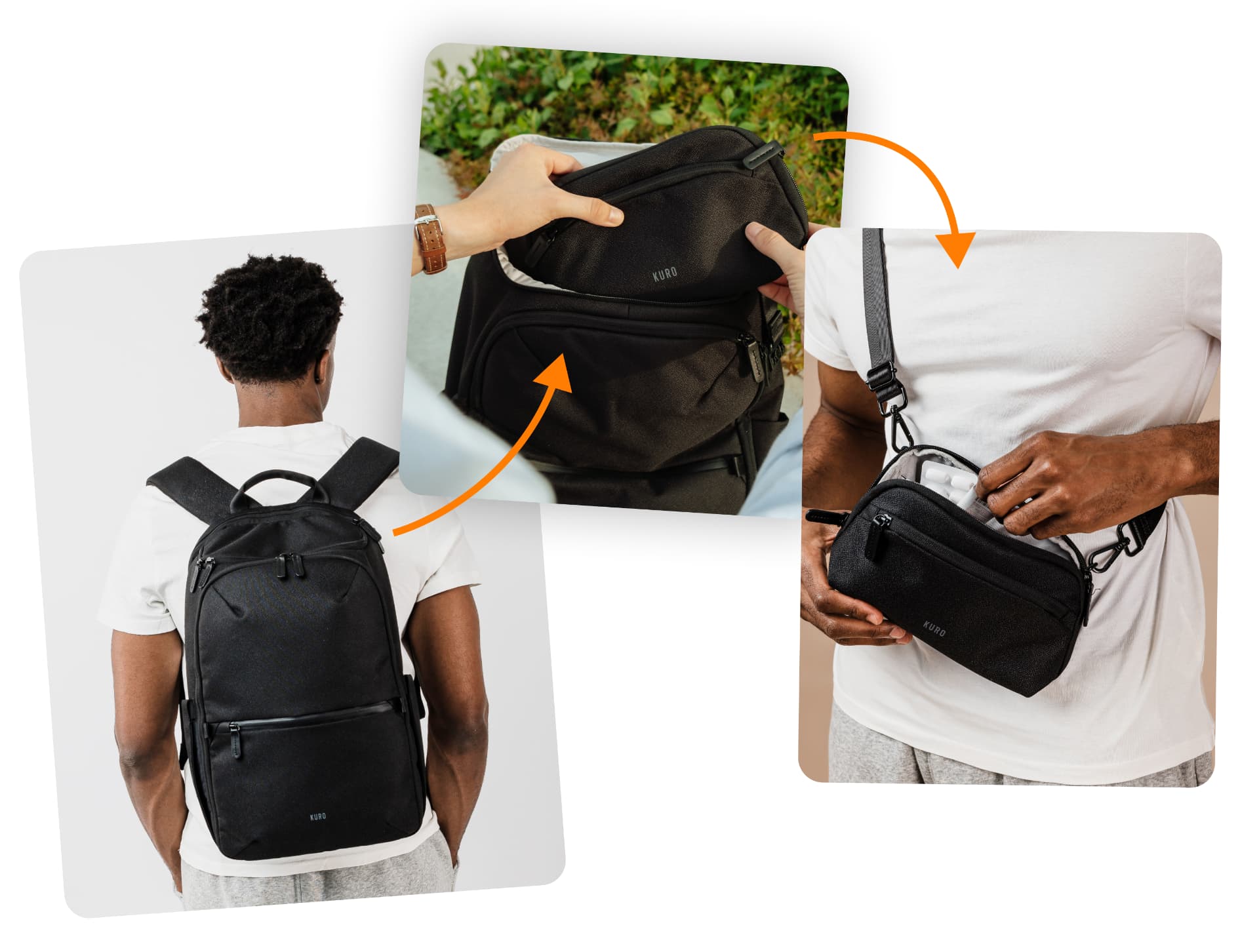 The Kuro Switchpack worn as a backpack, the essentials bag detaching, and the bag worn as a crossbody sling