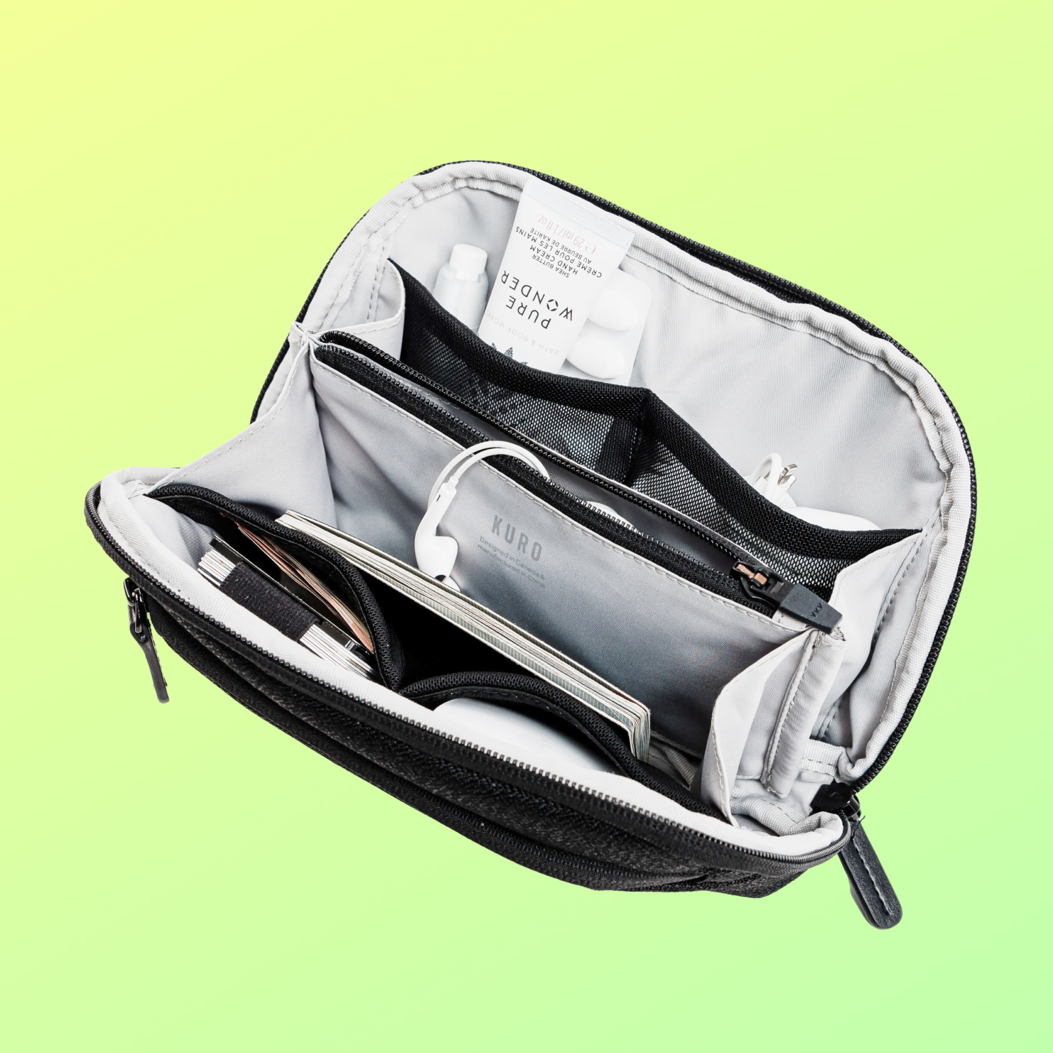 The 2L detachable essentials sling, open and packed
