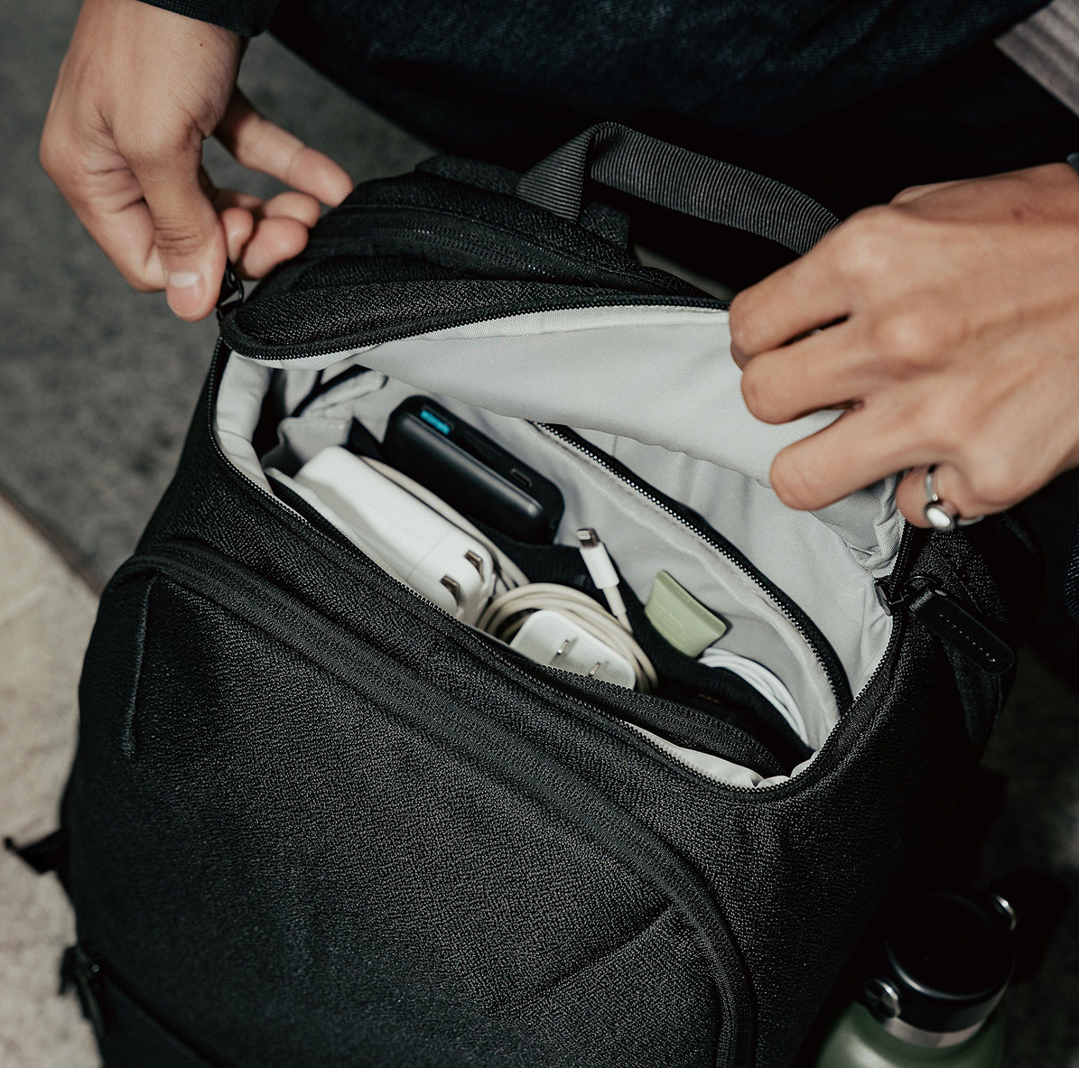 The essentials bag in an airport security tray
